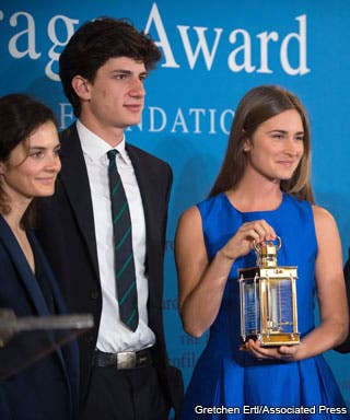 From left to right are Rose Schlossberg, Jack Schlossberg and Lauren Bush Lauren.