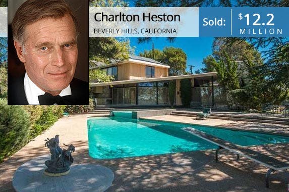Charlton Heston's LA estate sold Charlton Heston | Kypros/Hulton Archive/Getty Images; House: Redfin