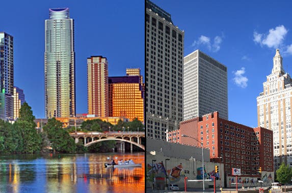 Austin: © Kushal Bose/Shutterstock.com; Tulsa: © Ffooter/Shutterstock.com