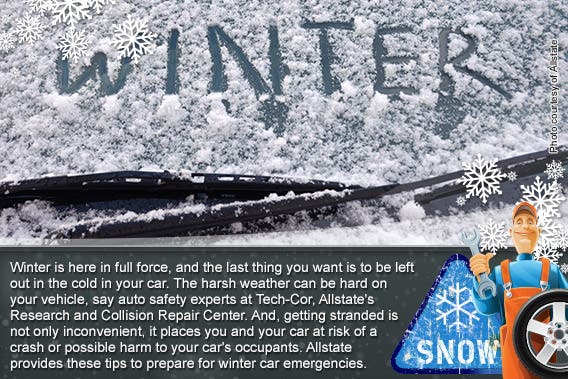 6 tips to prep for winter car emergencies © Photo courtesy of Allstate, Snow background: © vlastas/Shutterstock.com, sign: © Thomas Bethge/Shutterstock.com, mechanic: © Aleksangel/Shutterstock.com, snow flakes: © Liquid Works/Shutterstock.com