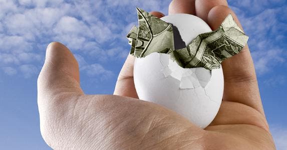 Hand holding egg with money at sky © Christopher Titze/Shutterstock.com