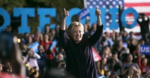 Survey: Democrats feel good about their finances Hillary Clinton two thumbs-up in rally | Maddie McGarvey/Getty Images