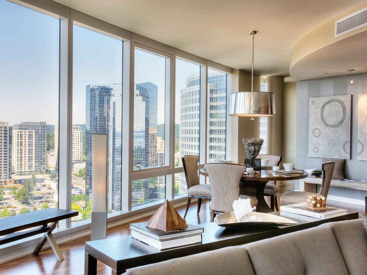 City view from penthouse apartment windows