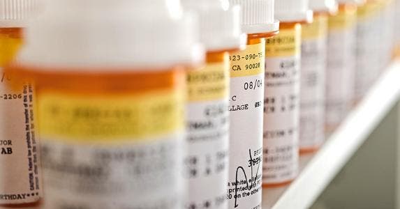 Line of prescription drug bottles