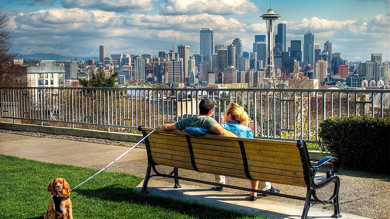 Couple sits on bench looking at Seattle skyline
