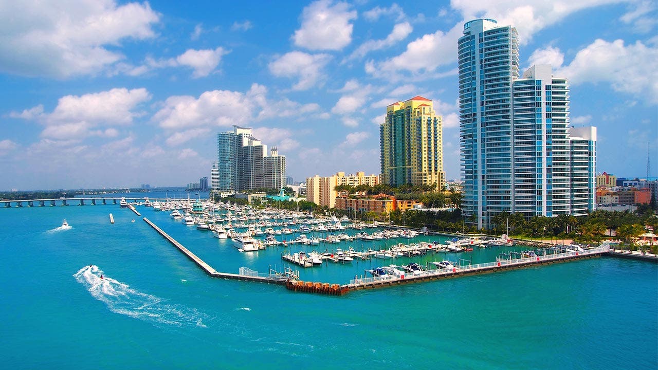 Miami skyline and boat docks