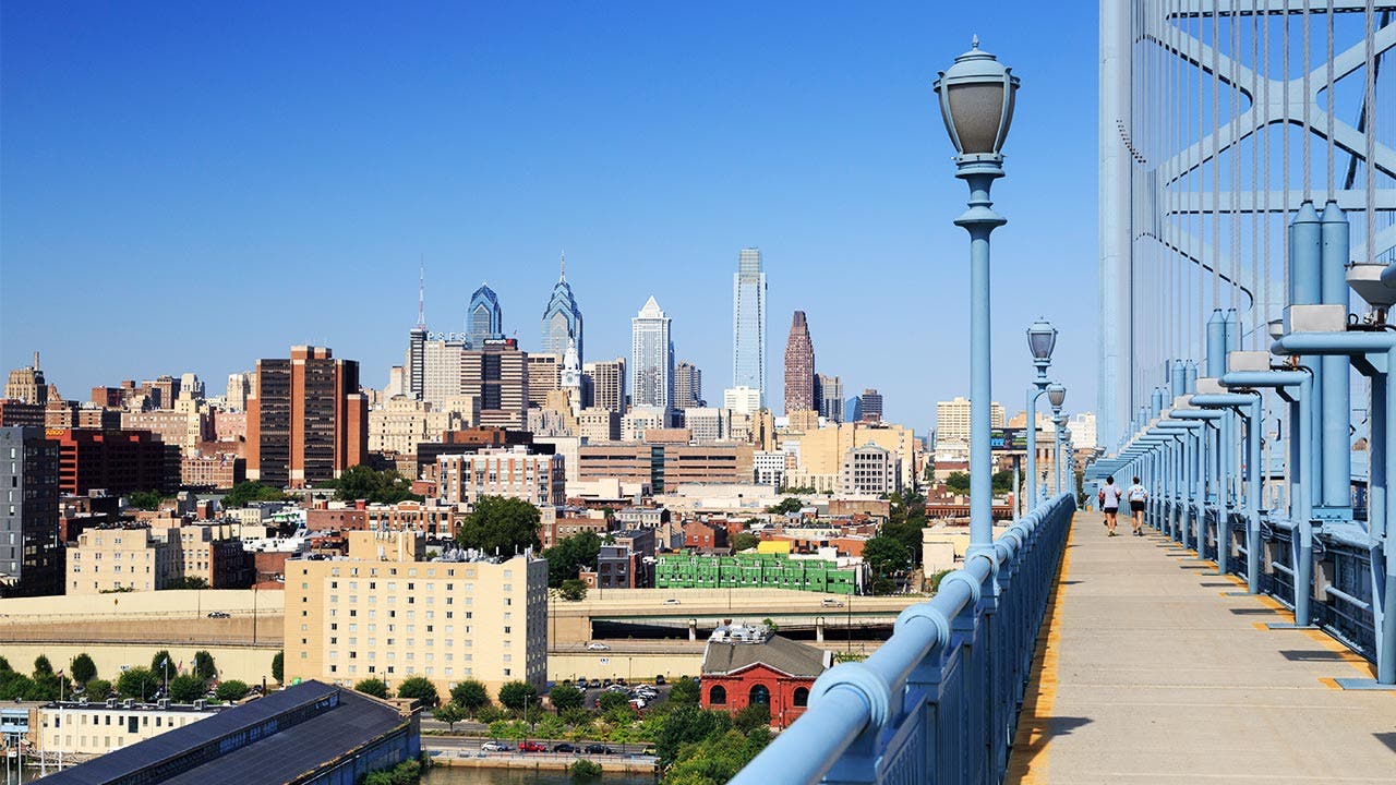 Philadelphia bridge and city