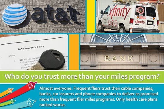 Who do you trust more than your miles program? | © zimmytws/Shutterstock.com (car insurance); © Kevin George/Shutterstock.com (bank);Rob Wilson/Shutterstock.com (AT&T store); h images/Shutterstock.com (Xfinity truck)