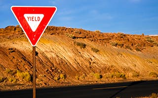 Yield sign on a desert road © Nickolay Stanev/Shutterstock.com