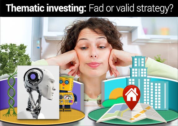 Thematic investing | Young woman choosing: © Subbotina Anna/Shutterstock.com, Yellow vintage toy robot: © Carsten Reisinger/Shutterstock.com, Robotic head: © Ociacia/Shutterstock.com, DNA tree trunk: © Christos Georghiou/Shutterstock.com, DNA tree top: © Mopic/Shutterstock.com, Building: © Tzubasa/Shutterstock.com, Location pin and map: © davooda/Shutterstock.com