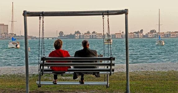 Determining best retirement states for politically weary Retired couple sitting on swingset © AHPix/Shutterstock.com