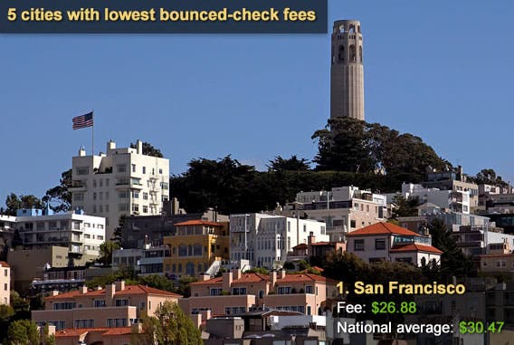 5 cities with the lowest bounced check fees