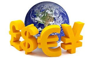 Globe and currency symbols © Jakub Krechowicz/Shutterstock.com