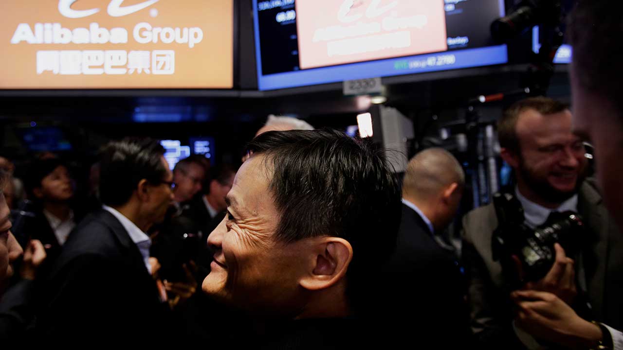 Jack Ma on the stock exchange floor for Alibaba IPO