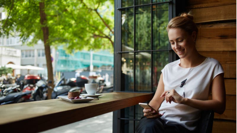 Young woman using phone in cafe window