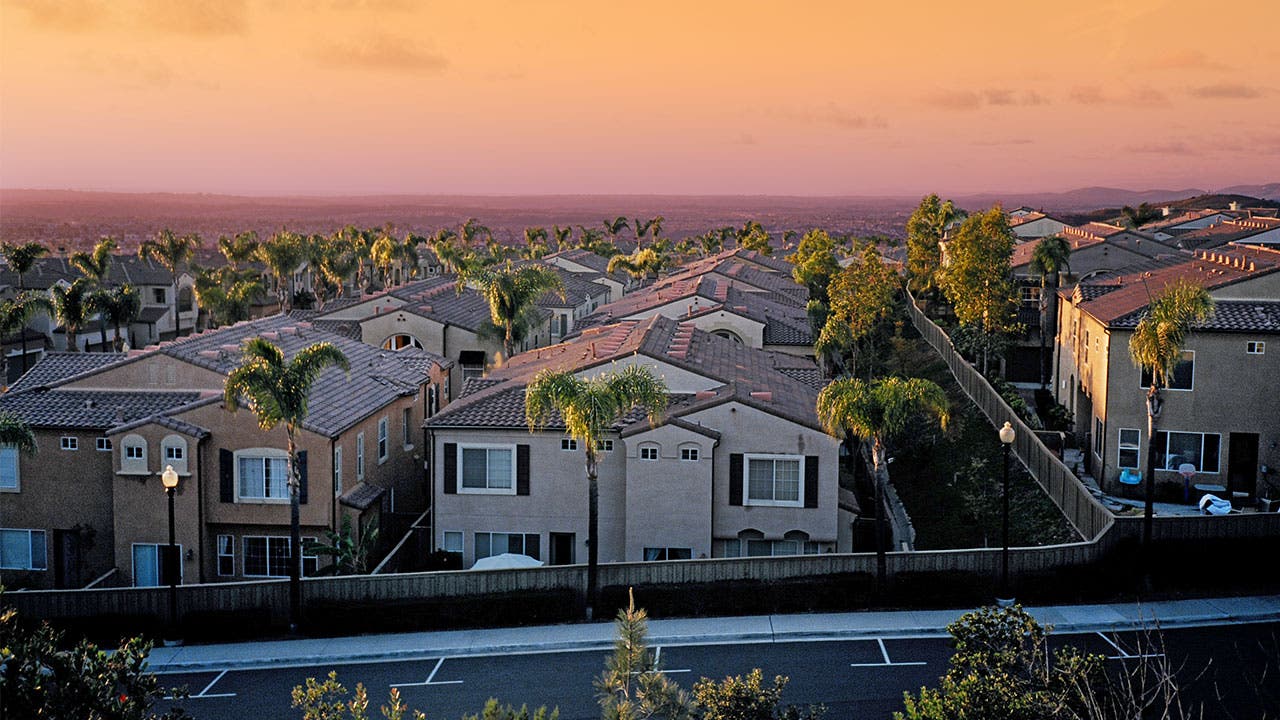 Residential neighborhood at sunset