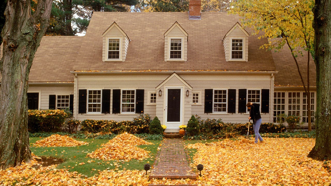 Man raking fall leaves