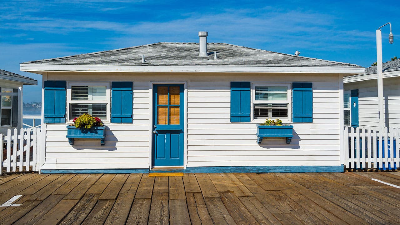 Tiny home in San Diego with blue shutters