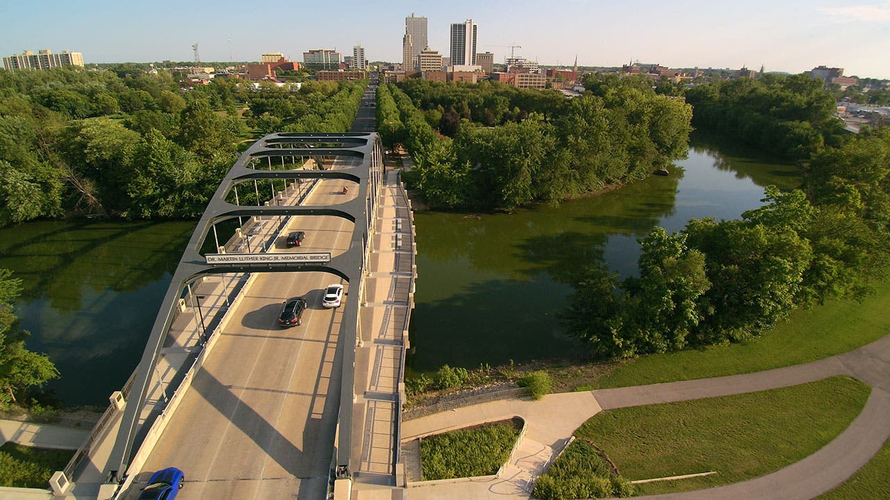 Cars driving across the Martin Luther King Bridge in Indiana