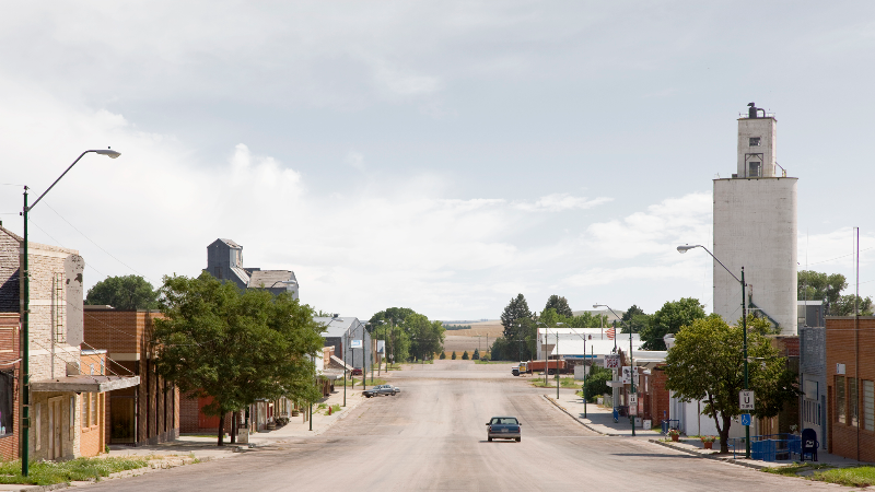 Car driving through downtown Hay Springs, Nebraska