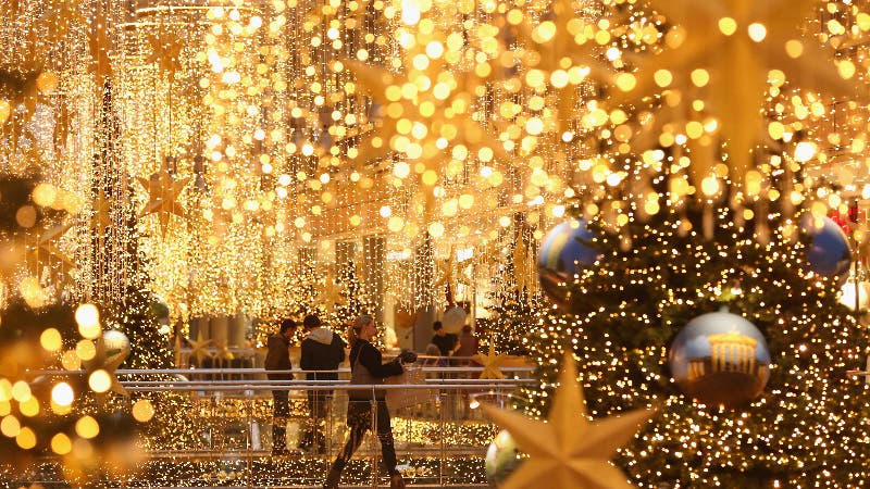 A mall decorated for the holidays.