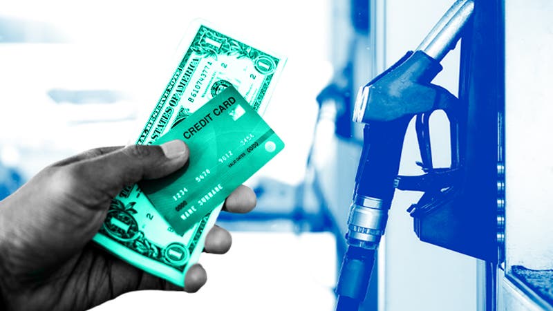 chosing between card and cash at gas pump