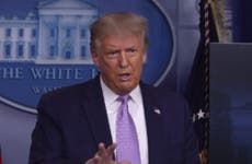 A picture of President Donald Trump in the White House briefing room