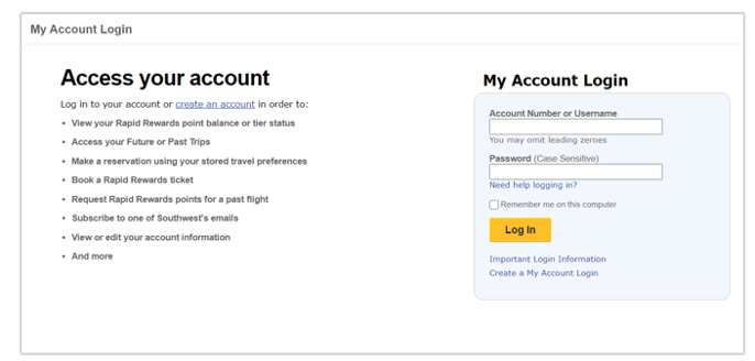 a screenshot of the Rapid Rewards login page